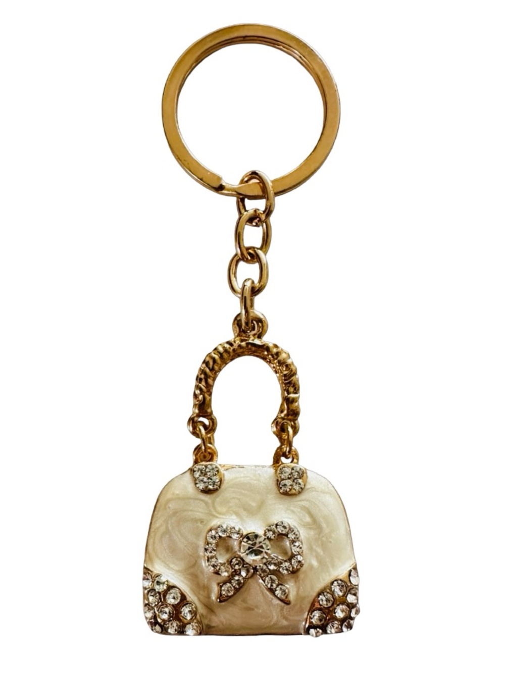 Gold-tone Pearl Enameled Jeweled Purse Keychain Ring 4 1/4” Luxury